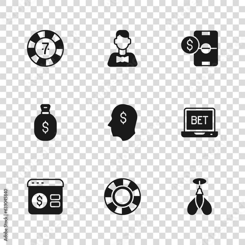 Set Casino chips, Online sports betting, Dart arrow, Lucky player, Football money, dealer and Money bag icon. Vector