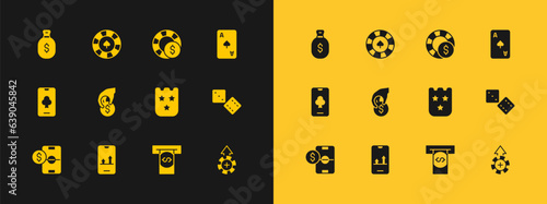 Set Playing card with spades symbol, Online sports betting, Lottery ticket, Automated teller machine and money, Hand holding casino chips, Casino, Money bag and icon. Vector