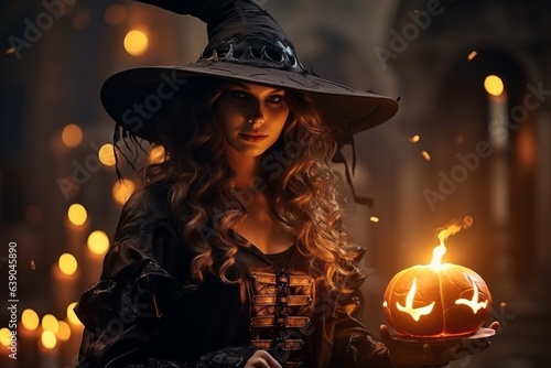 Woman in witch costume for halloween party. Halloween concept. Background with selective focus and copy space
