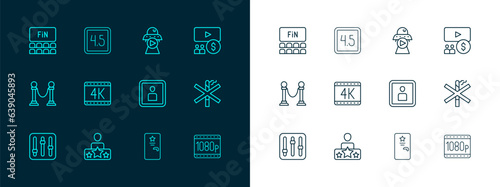 Set line Cinema auditorium with screen, Actor star, Play Video, Backstage, 4k movie, Science fiction, and Rating icon. Vector