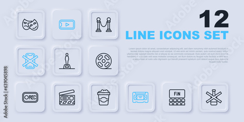Set line Cinema auditorium with screen, No alcohol, Movie trophy, VHS video cassette tape, cell phone, clapper, Online play and Popcorn cardboard box icon. Vector