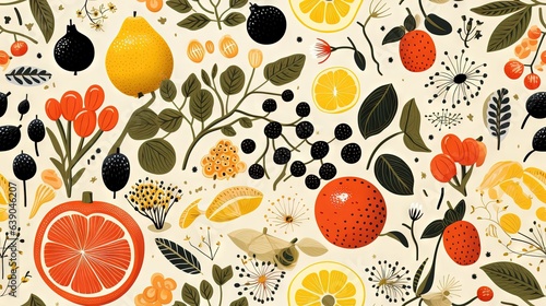  a bunch of fruit and leaves on a white background with oranges, lemons, and blackberries.  generative ai © Anna