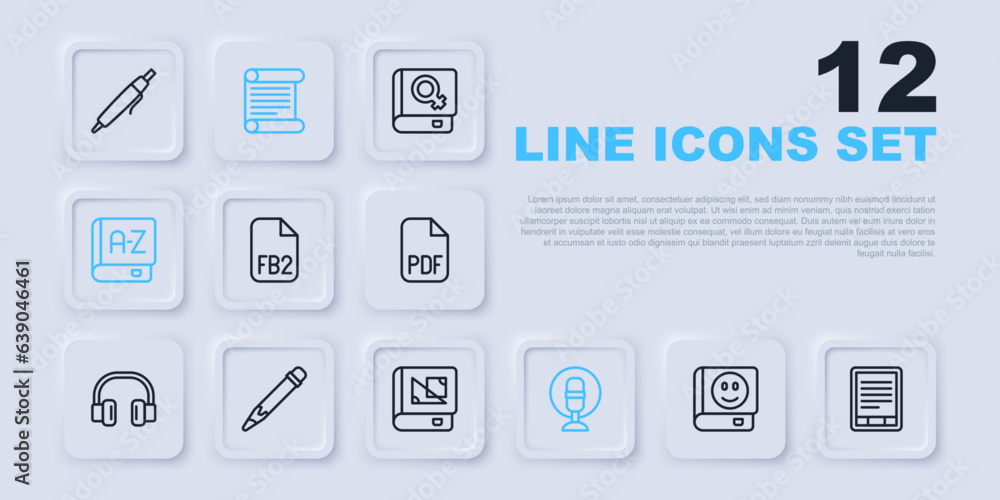 Set line Book, E-Book reader, FB2 File, Microphone, Translator book, Pencil with eraser, Decree, parchment, scroll and about geometry icon. Vector