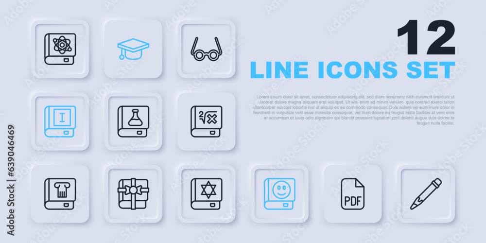 Set line PDF file document, Pencil with eraser, Chemistry book, Book, gift, Graduation cap and Jewish torah icon. Vector Set line PDF file document, Pencil with eraser, Chemistry book, Book, gift, Graduation cap and Jewish torah icon. Vector