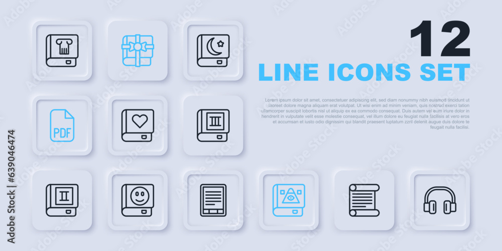 Set line Decree, parchment, scroll, Headphones, Romance book, Ancient magic, PDF file document, Book, as gift and E-Book reader icon. Vector Set line Decree, parchment, scroll, Headphones, Romance book, Ancient magic, PDF file document, Book, as gift and E-Book reader icon. Vector