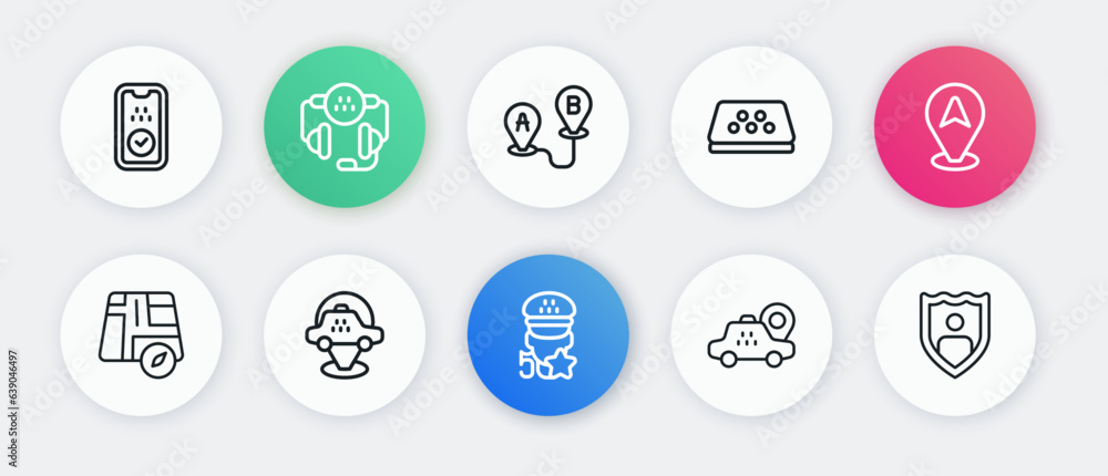 Set line Taxi service rating, Location taxi car, roof, Route location, Life insurance with shield and icon. Vector Set line Taxi service rating, Location taxi car, roof, Route location, Life insurance with shield and icon. Vector