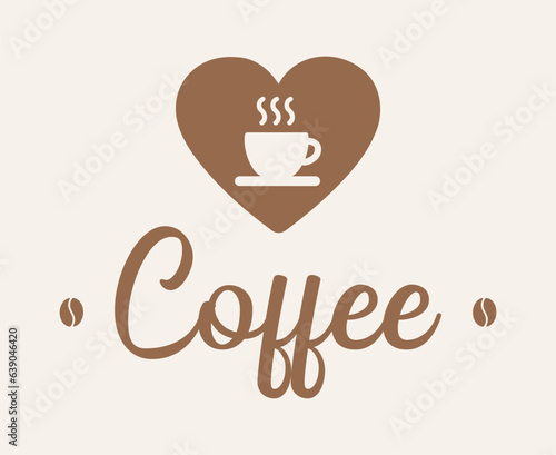 Coffee cup, beans, love, heart. Vector, logo, icon, design template. Drink, food, milk, capuccino, chocolat. Shop labels, store, barista