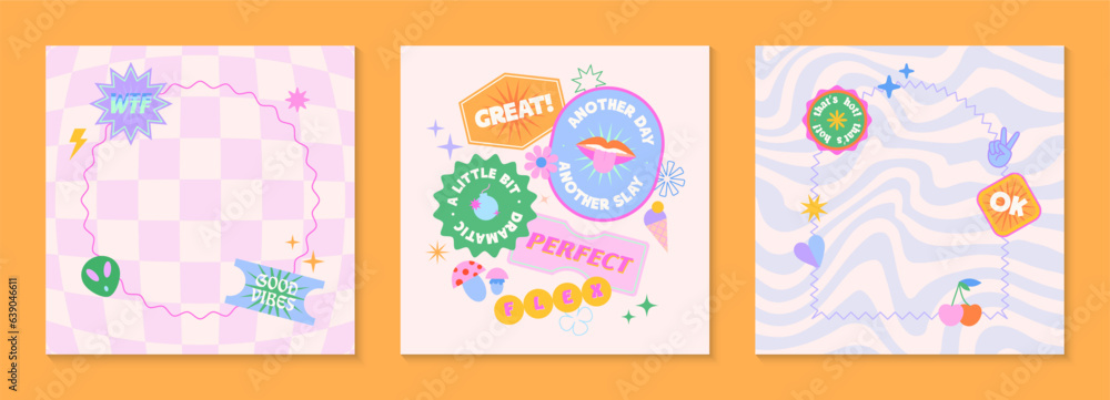 Vector templates with patches and stickers in 90s style.Modern emblems in y2k aesthetic chess and wavy backgrounds.Trendy funky designs for banners,social media marketing,branding,packaging,covers Vector templates with patches and stickers in 90s style.Modern emblems in y2k aesthetic chess and wavy backgrounds.Trendy funky designs for banners,social media marketing,branding,packaging,covers