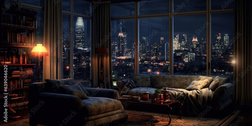 A living room with a view of the city at night A living room with a view of the city at night