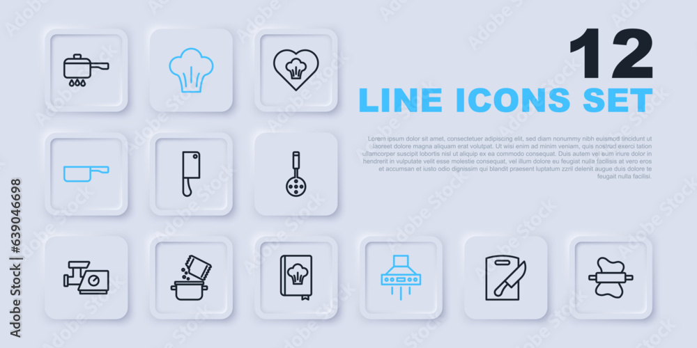 Set line Cutting board and knife, Rolling pin on dough, Meat chopper, Kitchen extractor fan, Frying pan, Cooking pot spice, Chef hat and Cookbook icon. Vector Set line Cutting board and knife, Rolling pin on dough, Meat chopper, Kitchen extractor fan, Frying pan, Cooking pot spice, Chef hat and Cookbook icon. Vector