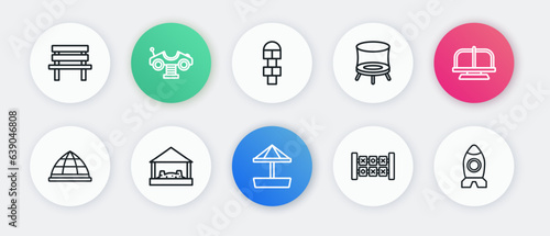 Set line Sandbox with sand, Attraction carousel, Playground climbing equipment, Education logic game, Jumping trampoline, Hopscotch, Rocket ship toy and icon. Vector