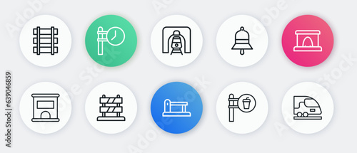 Set line Railway barrier, tunnel, Ticket office to buy tickets, Cafe and restaurant location, Train station bell, railway, High-speed train and End tracks icon. Vector