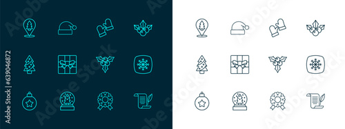 Set line Branch viburnum, Christmas snow globe, wreath, Gift box, mittens, tree and Santa Claus hat icon. Vector