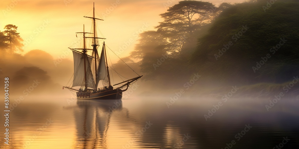 Fototapeta premium A sailboat on a misty river at dawn
