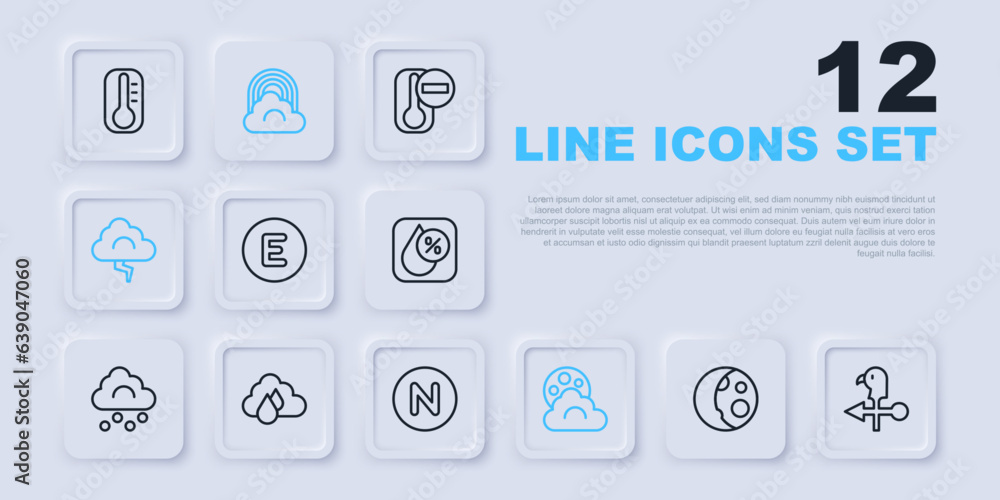 Set line Moon phases, Rooster weather vane, Compass west, Cloud with moon, and lightning, rain, Rainbow cloud and north icon. Vector Set line Moon phases, Rooster weather vane, Compass west, Cloud with moon, and lightning, rain, Rainbow cloud and north icon. Vector