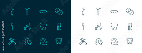 Set line Toothache painkiller tablet, Dental tooth plate, Safety goggle glasses, floss and drill icon. Vector