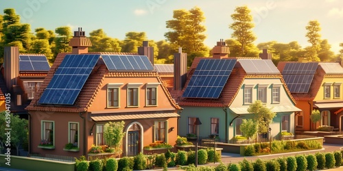 A row of houses with solar panels on the roof. Clean energy.