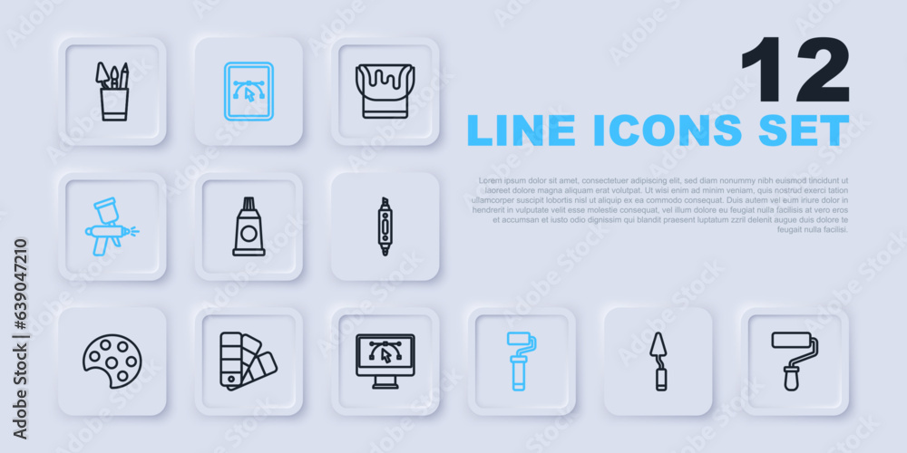 Set line Palette knife, Paint roller brush, Tube with paint palette, spray gun, Color guide, Computer design program and icon. Vector Set line Palette knife, Paint roller brush, Tube with paint palette, spray gun, Color guide, Computer design program and icon. Vector