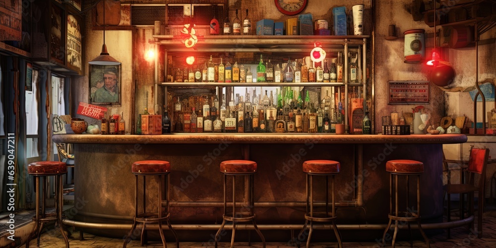 A small bar with stools in a room