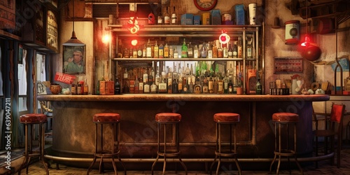 A small bar with stools in a room