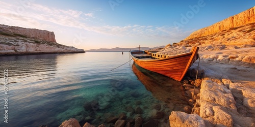 A Small Cove on Pag with a Docked Boat and a Wooden Bench on the Beach Surrounded