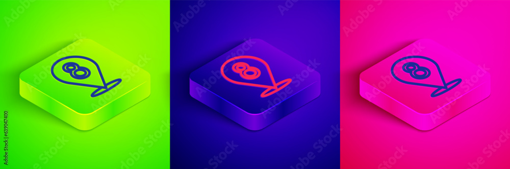 Isometric line 8 March icon isolated on green, blue and pink background. International Happy Women Day. Square button. Vector Isometric line 8 March icon isolated on green, blue and pink background. International Happy Women Day. Square button. Vector