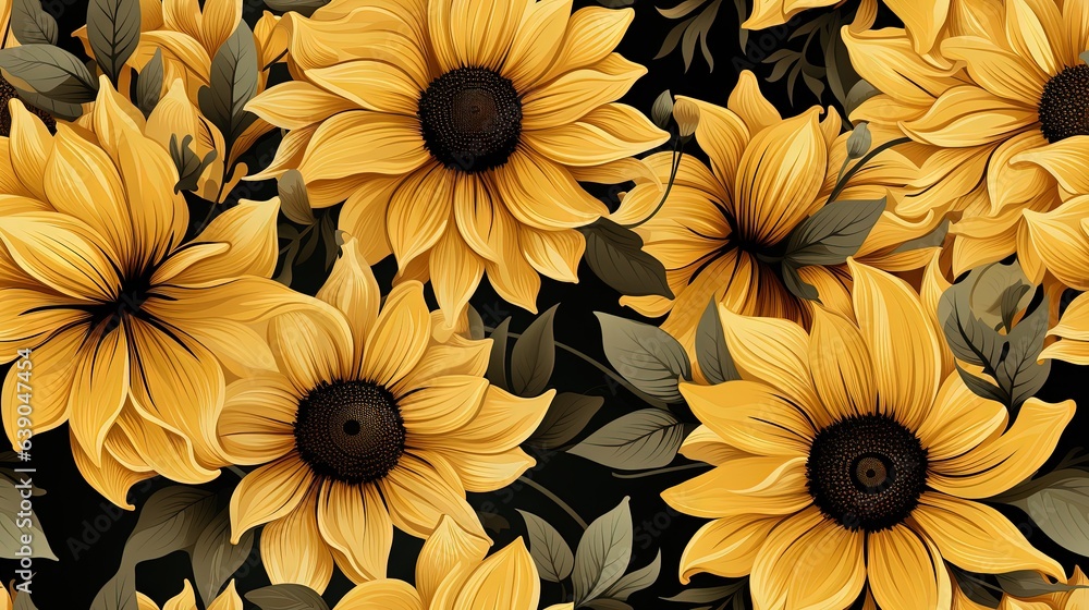a bunch of yellow sunflowers with leaves on a black background. generative ai a bunch of yellow sunflowers with leaves on a black background. generative ai