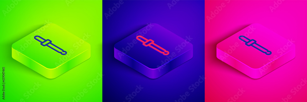 Isometric line Eyedropper color picker palette icon isolated on isolated on green, blue and pink background. Square button. Vector Isometric line Eyedropper color picker palette icon isolated on isolated on green, blue and pink background. Square button. Vector