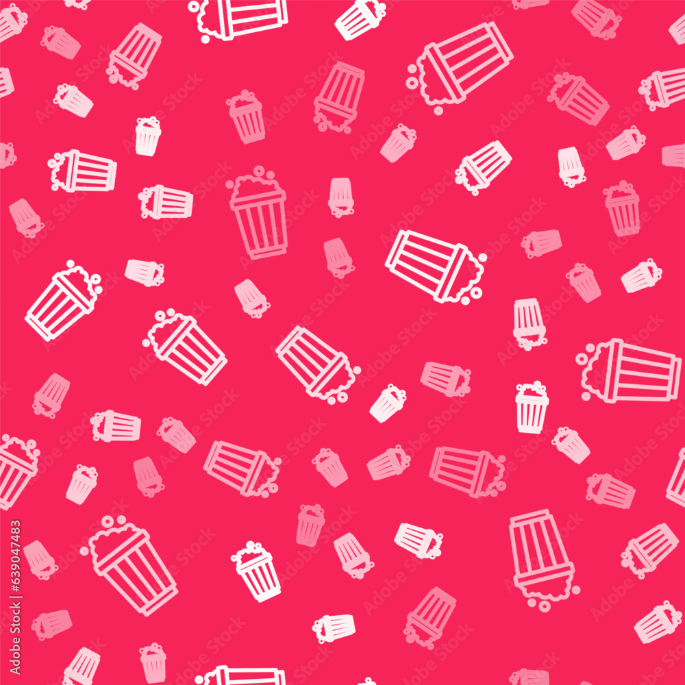 White line Popcorn in cardboard box icon isolated seamless pattern on red background. Popcorn bucket box. Vector White line Popcorn in cardboard box icon isolated seamless pattern on red background. Popcorn bucket box. Vector