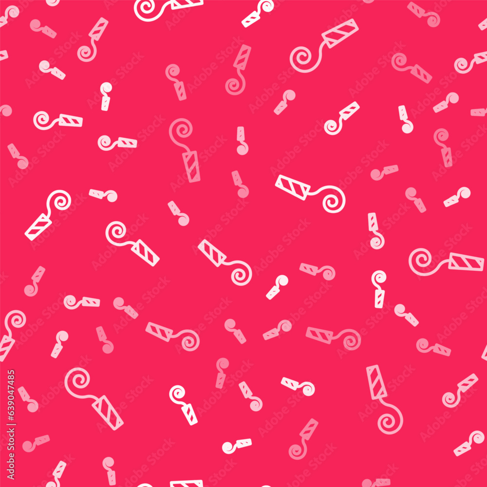 White line Birthday party horn icon isolated seamless pattern on red background. Vector White line Birthday party horn icon isolated seamless pattern on red background. Vector
