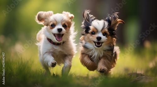 Two small dogs playing together outdoors
