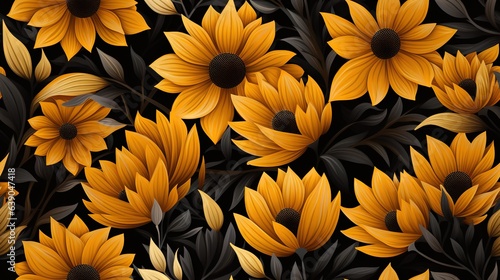  a bunch of yellow flowers with black leaves on a black background. generative ai