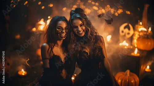 Two beautiful young women in witch carnival costumes and masks having fun on Halloween