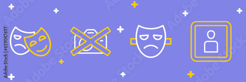 Set line Play Video, Drama theatrical mask, Prohibition no video recording and Comedy and tragedy masks icon. Vector