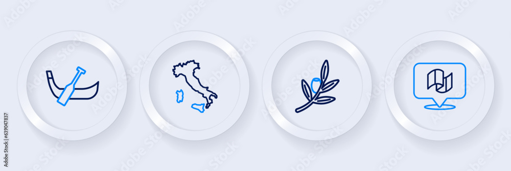 Set line Flag Italy, Olives branch, Map of and Gondola boat icon. Vector Set line Flag Italy, Olives branch, Map of and Gondola boat icon. Vector