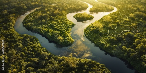 Aerial view of the Congo River winding through mangrove swamps near the mouth of the river. photo