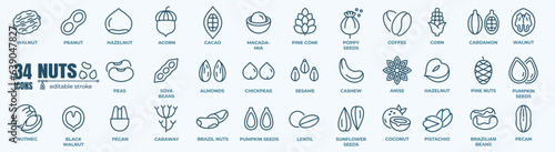 Nuts flat line icons set. Peanut, almond, chestnut, macadamia, cashew, pistachio, and pine seeds vector illustrations. Outline signs for healthy food stores. Pixel perfect 64x64. Editable Strokes 