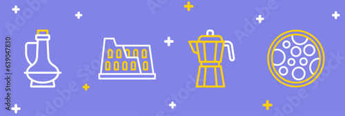Set line Pizza, Coffee maker moca pot, Coliseum and Bottle olive oil icon. Vector