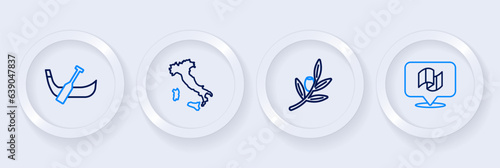 Set line Flag Italy, Olives branch, Map of and Gondola boat icon. Vector
