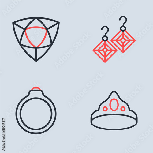 Set line Earrings, Diamond engagement, King crown and icon. Vector