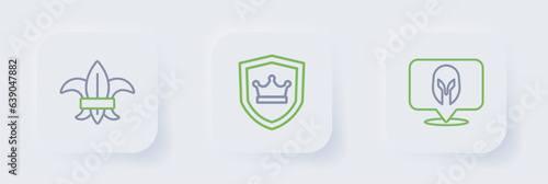 Set line Medieval helmet, Shield with crown and Fleur de lys or lily flower icon. Vector