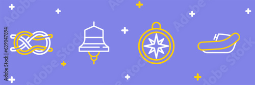 Set line Inflatable boat with motor, Compass, Ship bell and Nautical rope knots icon. Vector
