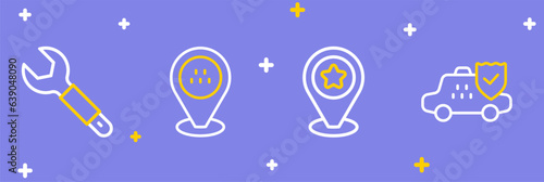 Set line Taxi car insurance, Location with star, taxi and Wrench spanner icon. Vector