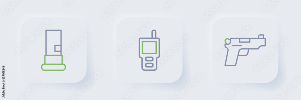 Set line Pistol or gun, Walkie talkie and Cartridges icon. Vector Set line Pistol or gun, Walkie talkie and Cartridges icon. Vector
