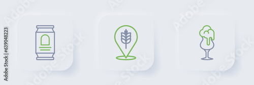Set line Glass of beer, Wheat and Beer can icon. Vector