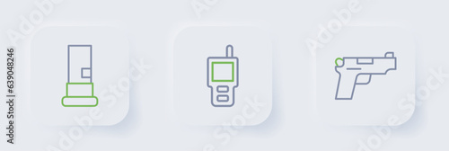 Set line Pistol or gun, Walkie talkie and Cartridges icon. Vector