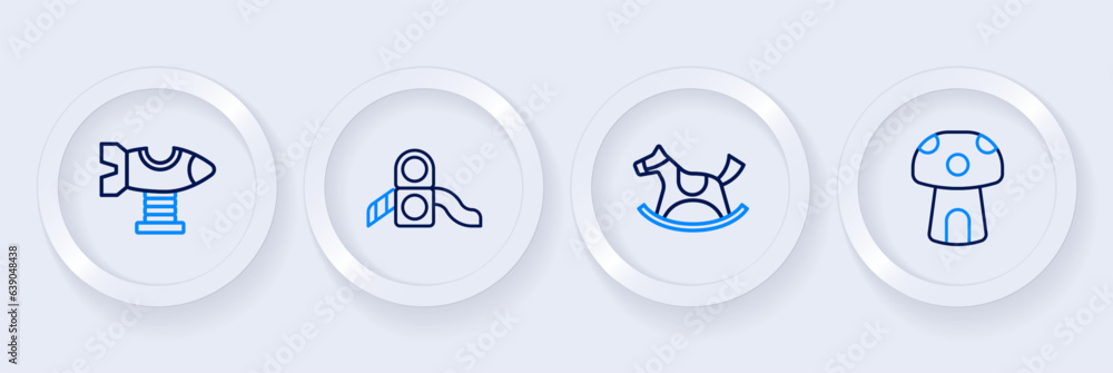 Set line Mushroom house, Horse in saddle swing, Slide playground and Swing plane icon. Vector Set line Mushroom house, Horse in saddle swing, Slide playground and Swing plane icon. Vector