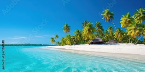 An idyllic beach scene with a tranquil blue lagoon and turquoise ocean beneath coconut palm trees.