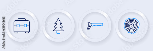 Set line Tree rings, Hand saw, and Toolbox icon. Vector