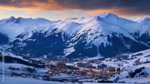 Evening landscape and ski resort in French Alps Saint jean d Arves  France